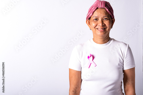 woman smile and wearing white t shirt hand fighting cancer awareness. concept healthcare and medicine isolate on white background copy space for text.