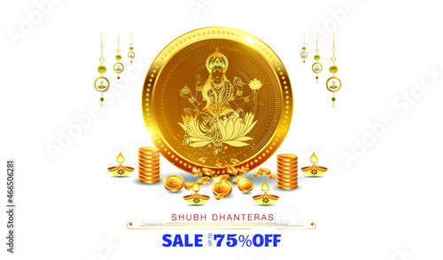 Vector illustration of Dhanteras puja festival with Goddess Lakshmi Laxmi Golden coin sales logo for exclusive gifts offer promotional deals and typography