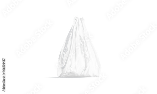 Blank white full t-shirt plastic bag mockup stand, half-turned view