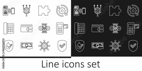 Set line Shield with check mark, Pos terminal, Piece of puzzle, Cash back, Telephone, POS, Hourglass and gear and Algorithm icon. Vector