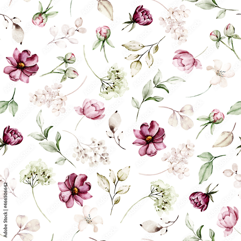 Seamless background, floral pattern with watercolor flowers pink and burgundy roses. Repeat fabric wallpaper print texture. Perfectly for wrapped paper, backdrop.