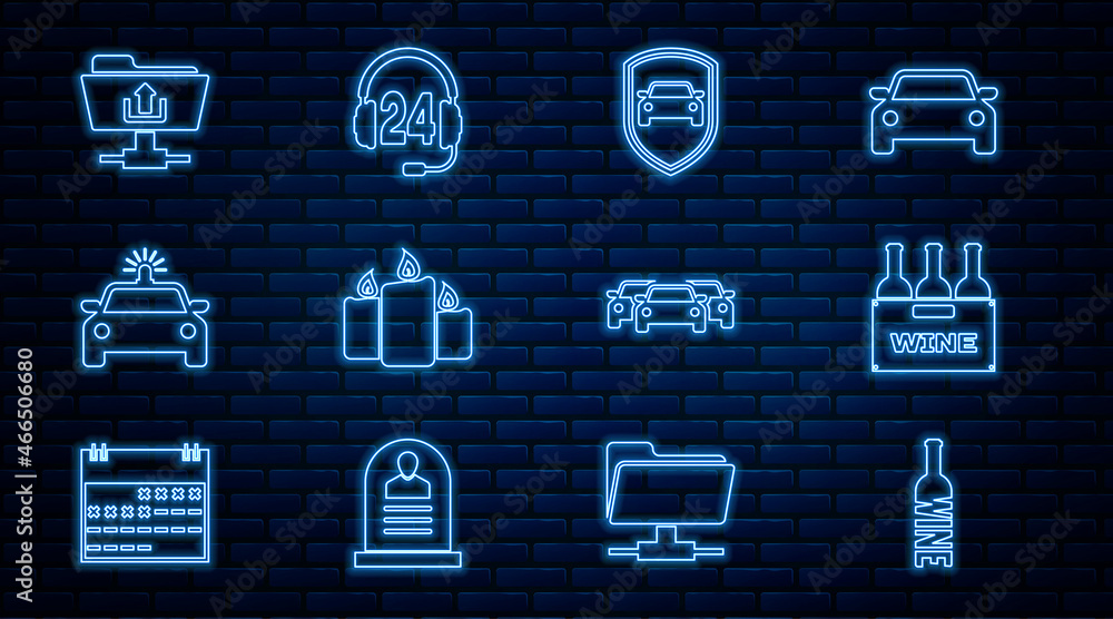Set line Bottle of wine, Bottles box, Car protection or insurance, Burning candles, Police car flasher, FTP folder upload, Cars and Headphone for support icon. Vector Set line Bottle of wine, Bottles box, Car protection or insurance, Burning candles, Police car flasher, FTP folder upload, Cars and Headphone for support icon. Vector
