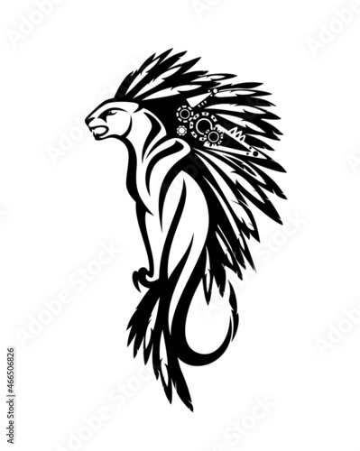 wild cougar cat decorated with bird feathers - tribal style black and white vector animal outline design