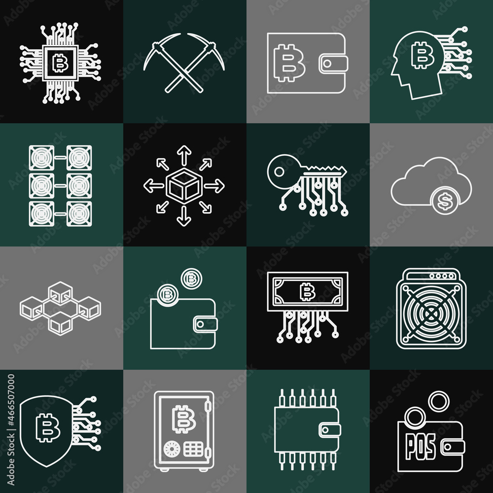 Set line Proof of stake, ASIC Miner, Cryptocurrency cloud mining, wallet, Distribution, Mining farm, CPU and key icon. Vector Set line Proof of stake, ASIC Miner, Cryptocurrency cloud mining, wallet, Distribution, Mining farm, CPU and key icon. Vector