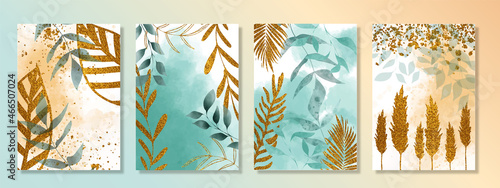 Cards set with watercolor and gold plants. Abstract art vector with glitter elements. Effective cards with botanical leaves and organic shapes. Watercolor style. Space for your own design.