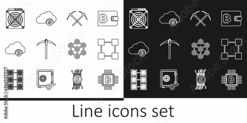 Set line CPU mining farm, Blockchain technology, Crossed pickaxe, Pickaxe, Cryptocurrency cloud, ASIC Miner, and icon. Vector