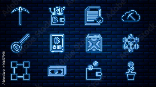 Set line Bitcoin plant in the pot, Blockchain technology, Smart contract, Proof of stake, Cryptocurrency key, Pickaxe, ASIC Miner and wallet icon. Vector