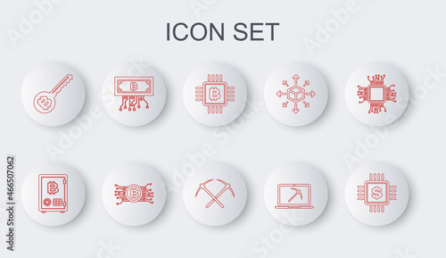 Set line Processor chip with dollar, Proof of stake, CPU mining farm, Mining laptop and pickaxe, Cryptocurrency key, bitcoin circuit, and Crossed icon. Vector