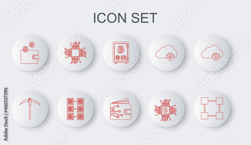 Set line Blockchain technology, Pickaxe, Proof of stake, CPU mining farm, Cryptocurrency wallet, Processor, Mining and icon. Vector