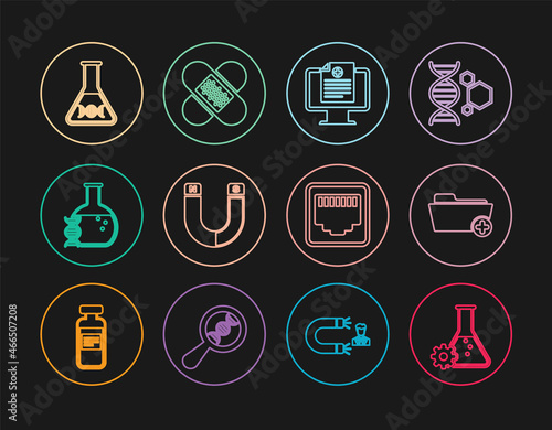 Set line Bioengineering  Health record folder  Clinical on monitor  Magnet  DNA research  search  Network port cable socket and Crossed bandage plaster icon. Vector