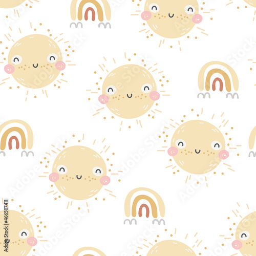 Vector seamless childish pattern with cute yellow
sun and rainbow.Kids texture for fabric, nursery, baby shower, textile, wallpaper, wrapping paper design.Trendy scandinavian sunshine hand drawn print