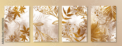 Cards set with watercolor and gold plants. Abstract art vector with glitter elements. Effective cards with botanical leaves and organic shapes. Watercolor style. Space for your own design.