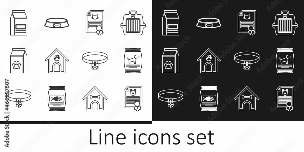 Set line Certificate for dog or cat, Bag of food, Dog house and paw print pet, collar and Pet bowl icon. Vector Set line Certificate for dog or cat, Bag of food, Dog house and paw print pet, collar and Pet bowl icon. Vector