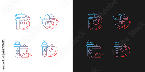 Artificial food additives gradient icons set for dark and light mode. Modified organic products. Thin line contour symbols bundle. Isolated vector outline illustrations collection on black and white