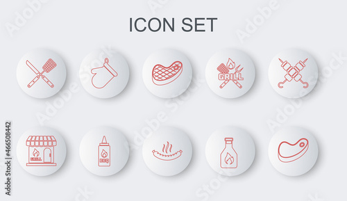Set line Steak meat, Barbecue shopping building, Ketchup bottle, Crossed knife and spatula, Oven glove, and Sausage icon. Vector