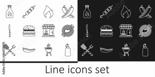 Set line Mustard bottle, Barbecue grill with steak, Fire flame, Burger, knife, Ketchup, shopping building and Grilled shish kebab icon. Vector