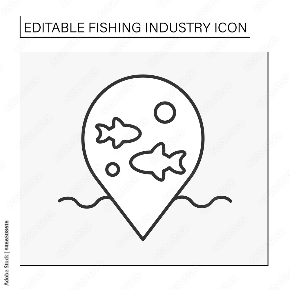  Fishing industry line icon .Taking, culturing fish. Navigation pointer in sea. Business concepts. Isolated vector illustrations. Editable stroke