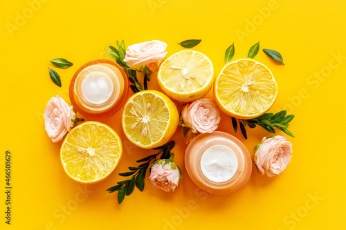 Beauty treatment with skin herbal cosmetic cream. Top view