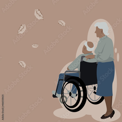 Vector isolate flat design of side view of no face elderly man is sitting on wheelchair has his wife, old woman is standing  behind him, they are  watching  at the falling leaves on a brown background