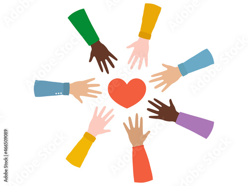 Different hands reach out to the heart. Vector concept illustration for sharing love, helping others, charity.