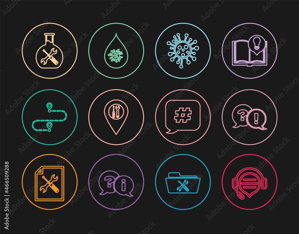 Set line Headphones with speech bubble chat, Question and Exclamation, Bacteria, Location service, Route location, Bioengineering, Hashtag and Dirty water drop icon. Vector
