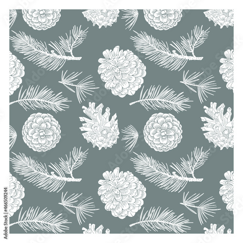 
A pattern of Cones and fir branches drawn with a black line. The form is transparent. You can change the color of the pattern and background.