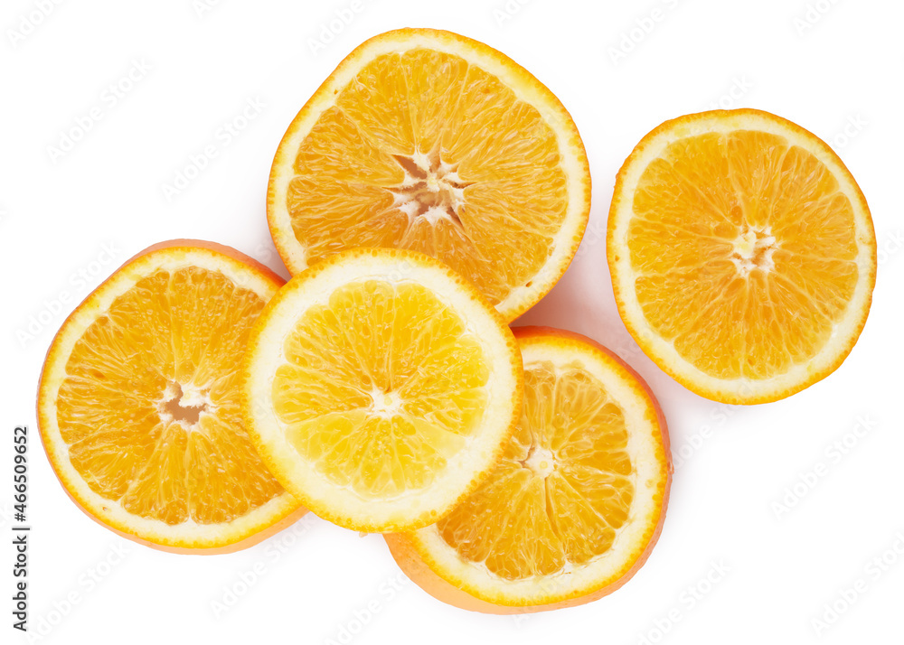 Sliced circles of orange citrus fruit isolated on white background, clipping path Sliced circles of orange citrus fruit isolated on white background, clipping path