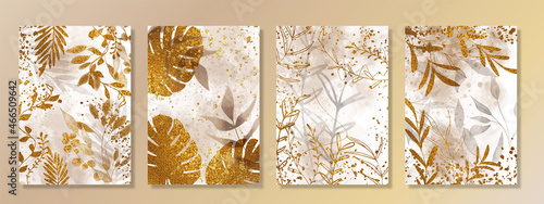 Cards set with watercolor and gold plants. Abstract art vector with glitter elements. Effective cards with botanical leaves and organic shapes. Watercolor style. Space for your own design.