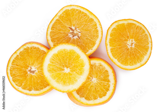 Sliced circles of orange citrus fruit isolated on white background, clipping path