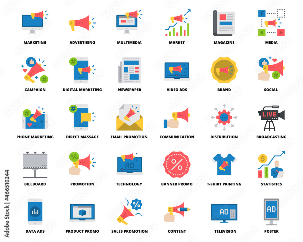 Advertising Promotion Icons Flat Color , Pixel Perfect Design Simple Set For Using In Website Graphics Report Logo Infographics, Best Quality Outline Symbol Collection Icon Vector Illustration