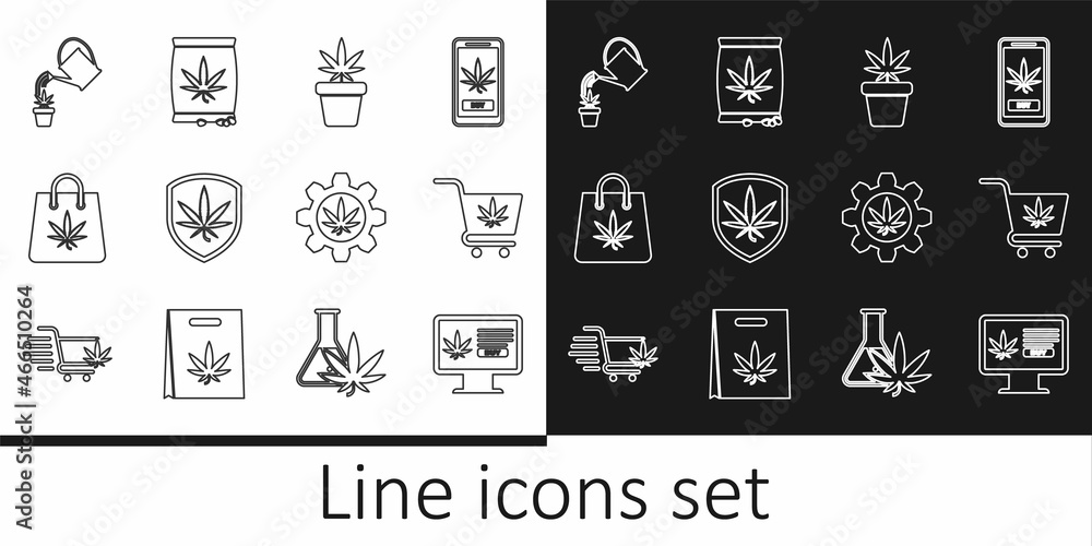 Set line Online buying marijuana, Shopping cart with, Marijuana plant pot, Shield and, bag of, Watering can, Test tube and or cannabis seeds icon. Vector