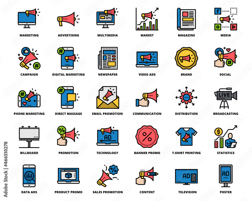 Advertising Promotion Icons Line Color , Pixel Perfect Design Simple ...
