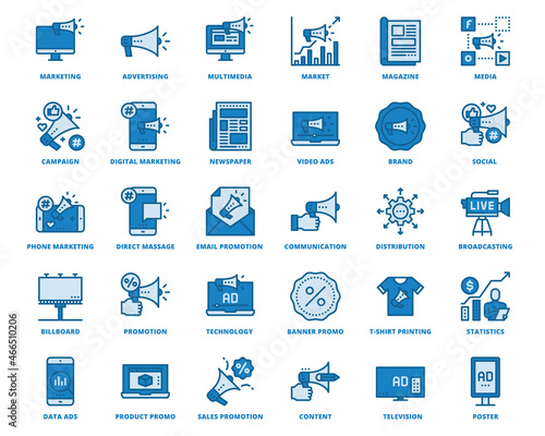 Advertising Promotion Icons Blue Line , Pixel Perfect Design Simple Set For Using In Website Graphics Report Logo Infographics, Best Quality Outline Symbol Collection Icon Vector Illustration