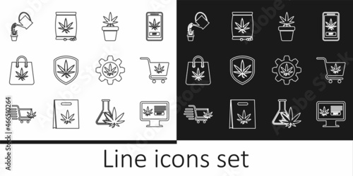 Set line Online buying marijuana, Shopping cart with, Marijuana plant pot, Shield and, bag of, Watering can, Test tube and or cannabis seeds icon. Vector