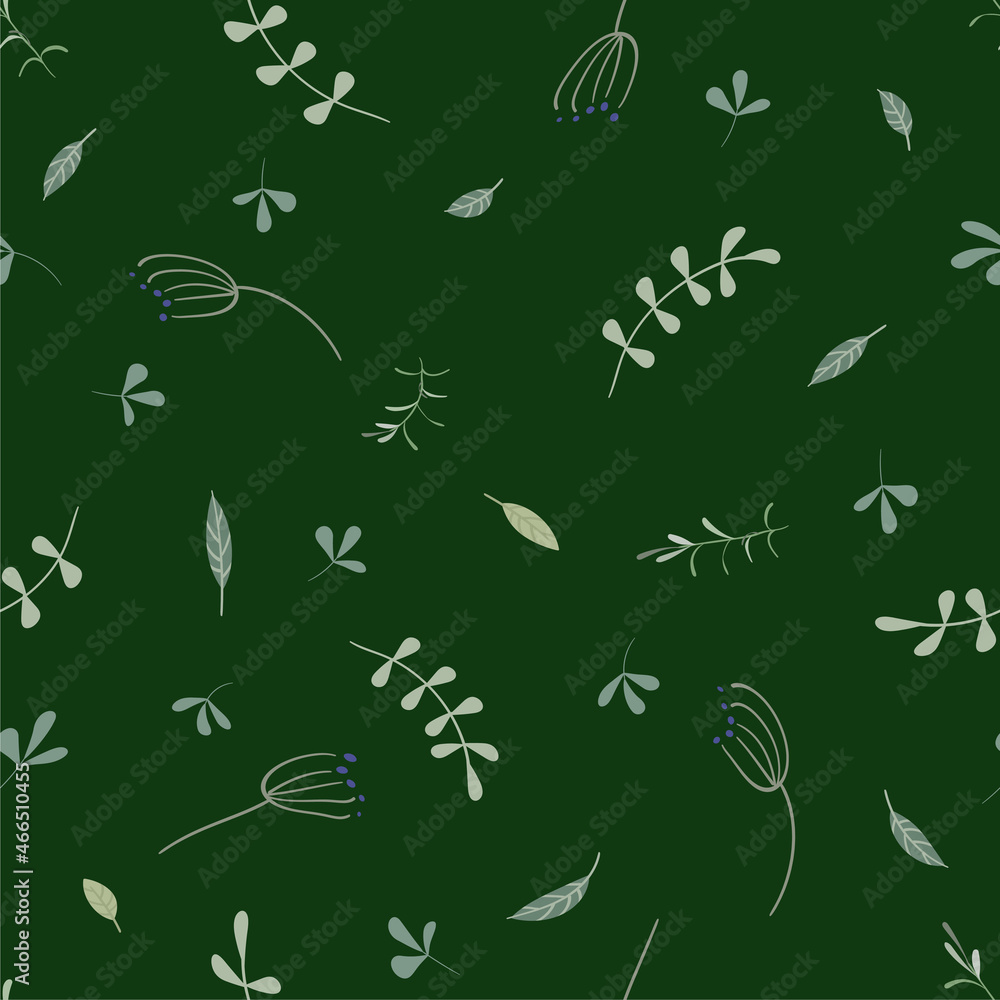 Simple seamless floral pattern on a dark green background. Muted green branches with leaves in a naive style. Vector square illustration. Used for packaging, printing on fabric, paper, wallpaper, etc. Simple seamless floral pattern on a dark green background. Muted green branches with leaves in a naive style. Vector square illustration. Used for packaging, printing on fabric, paper, wallpaper, etc.