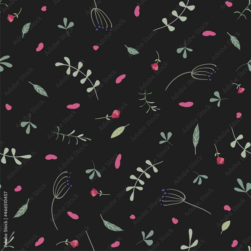 Floral seamless pattern. Twigs with leaves, pink buds in a naive style on a dark gray square background. Vector illustration. Used for packaging, printing on fabric, paper, wallpaper, etc. Floral seamless pattern. Twigs with leaves, pink buds in a naive style on a dark gray square background. Vector illustration. Used for packaging, printing on fabric, paper, wallpaper, etc.
