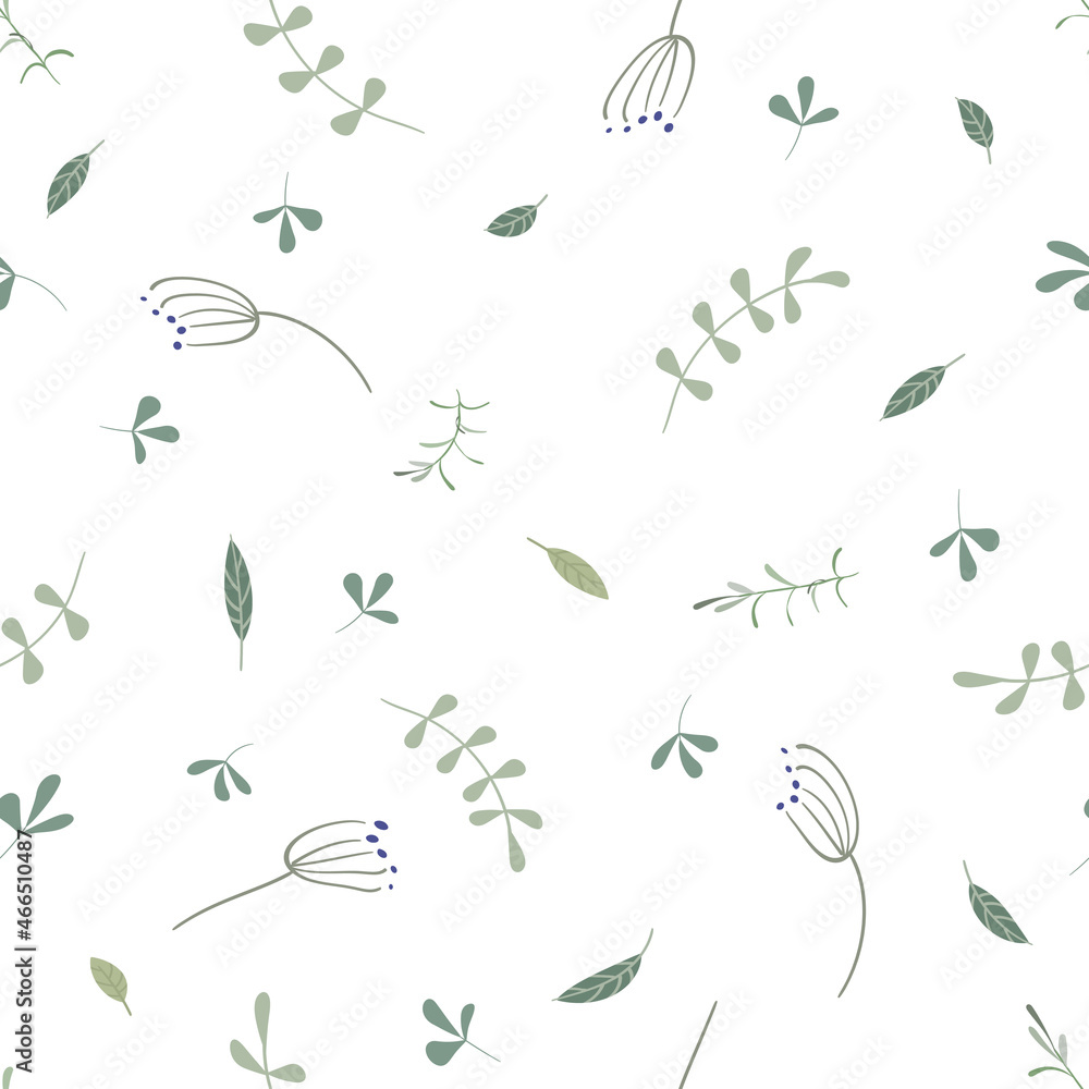 Simple seamless floral background on a white background. Muted green branches with leaves in a naive style. Vector square illustration. Used for packaging, printing on fabric, paper, wallpaper, etc.