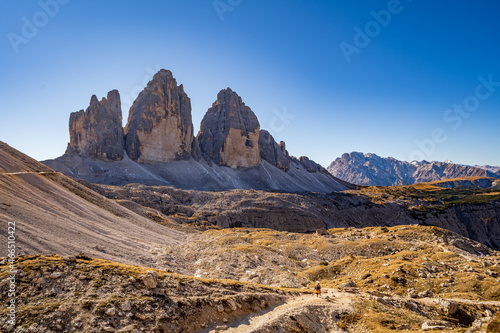 Panoramic view of Tre Cime di Lavaredo or Drei Zinnen at sunset in the Dolomites in Italy  Europe