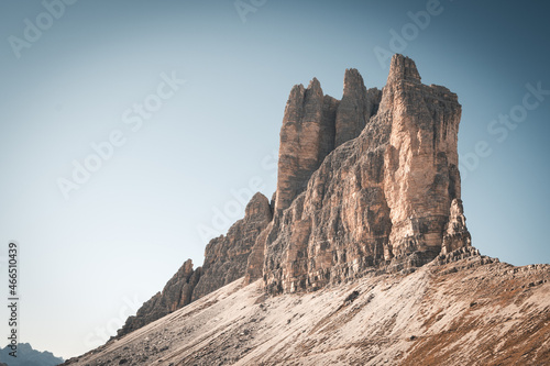 Panoramic view of Tre Cime di Lavaredo or Drei Zinnen at sunset in the Dolomites in Italy, Europe