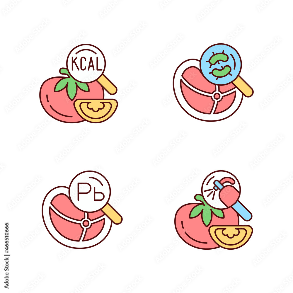 Food contaminant testing RGB color icons set. Heavy metals and pesticide detection. Product content analysis. Isolated vector illustrations. Simple filled line drawings collection. Editable stroke Food contaminant testing RGB color icons set. Heavy metals and pesticide detection. Product content analysis. Isolated vector illustrations. Simple filled line drawings collection. Editable stroke
