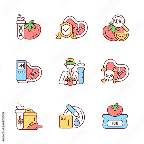 Organic products testing RGB color icons set. Physical properties analysis. Chemical additives detection. Isolated vector illustrations. Simple filled line drawings collection. Editable stroke