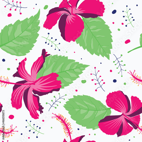 Botanical hawaiian hibiscus flower and leafs allover motif artwork for blue green sheet, clothes, cotton, art print and tapestry