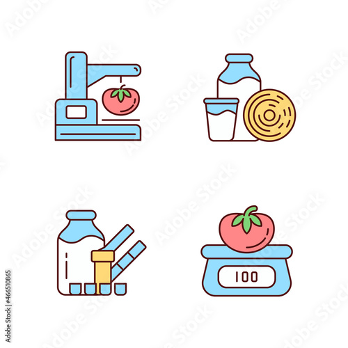 Food physical property test RGB color icons set. Visual appearance evaluation. Weighing and measuring. Isolated vector illustrations. Simple filled line drawings collection. Editable stroke