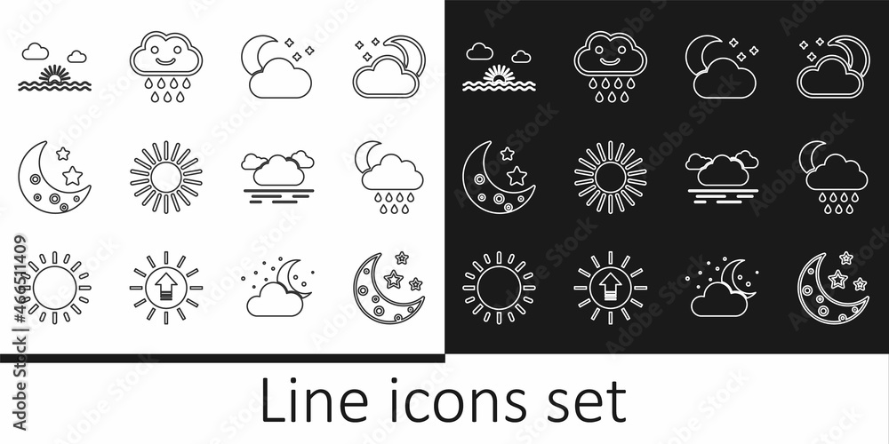 Set line Moon and stars, Cloud with rain moon, Sun, Sunset, and icon. Vector Set line Moon and stars, Cloud with rain moon, Sun, Sunset, and icon. Vector