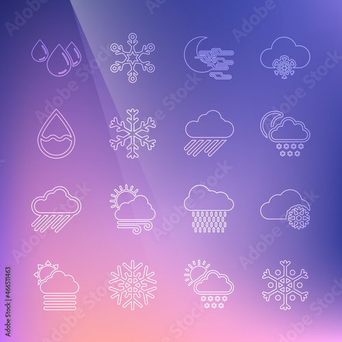 Set line Snowflake, Cloud with snow, and moon, Fog, Water drop, and rain icon. Vector