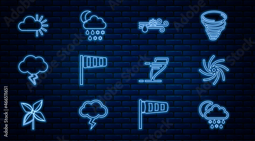 Set line Cloud with snow, rain, moon, Tornado, Wind and, Cone windsock wind vane, Storm, Cloudy, and icon. Vector