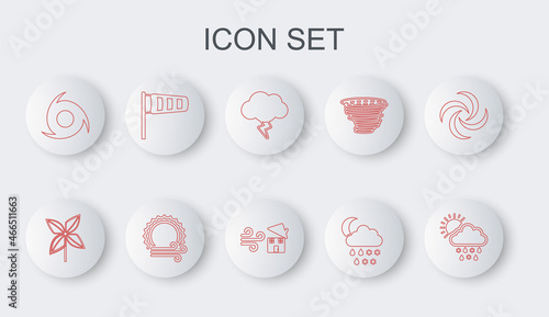Set line Cloud with snow, rain, sun, Pinwheel, Storm, moon, Tornado, Cone meteorology windsock wind vane, Wind and and swirl icon. Vector