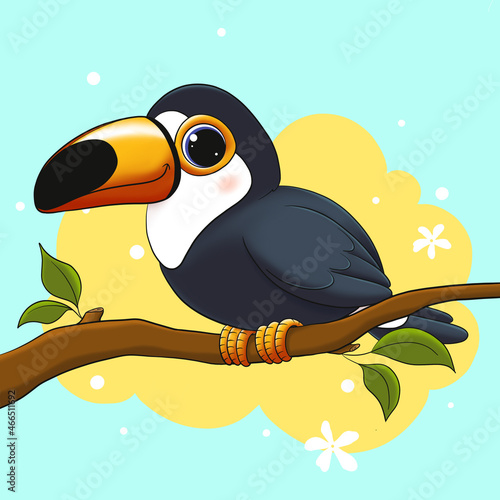 An exotic toucan bird sits on a branch surrounded by tropical flowers. A wild tropical bird of the Amazon forests.