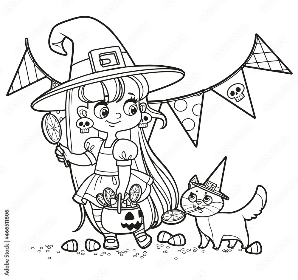 Cute cartoon witch girl and cat with candies trick-or-treat outlined for coloring on white background