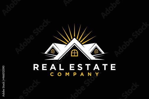 Sun Rays with House, Morning Sunrise Home with shine for Real Estate logo design